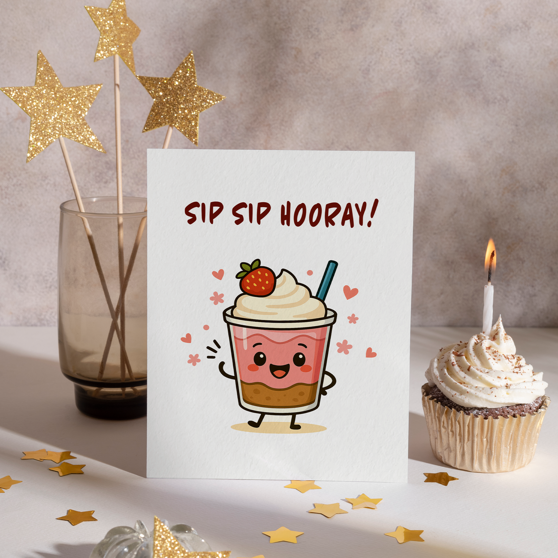 Adorable cartoon beverage character with a happy face, topped with whipped cream and a strawberry. The soft pink colors and clean white background give the design a warm and playful feel.