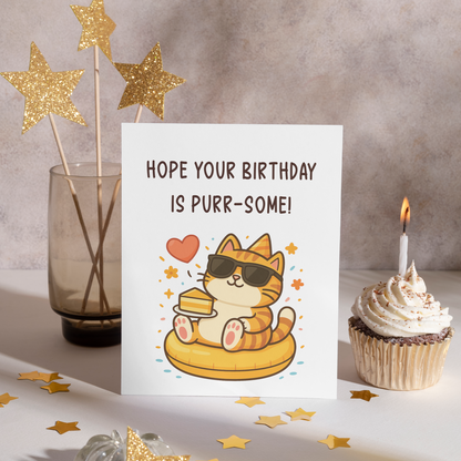 Adorable cat-themed greeting card showing a cool orange cat with sunglasses enjoying cake on a white background. The cheerful colors and playful details give the card a modern and happy birthday vibe.