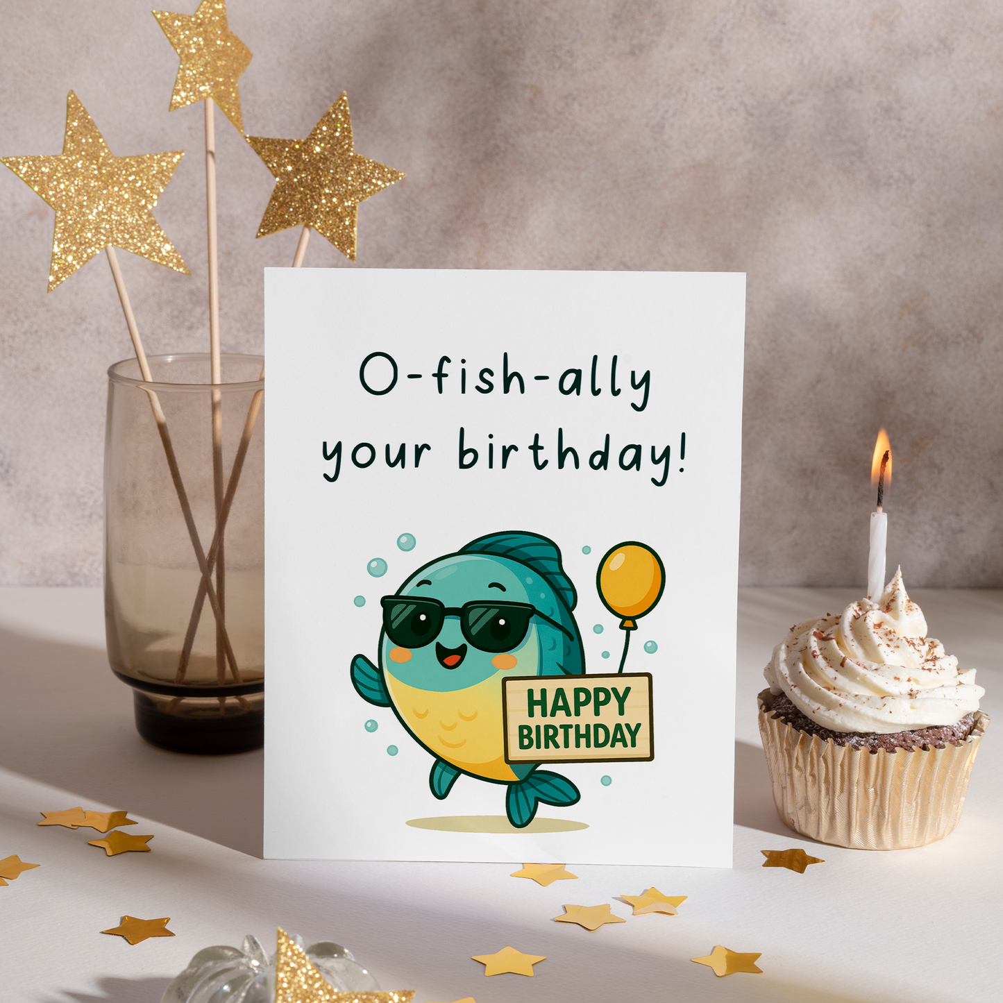 Whimsical birthday greeting card featuring a cool fish character with sunglasses, bubbles, and a birthday sign on a white background. The bright colors and pun-filled message make it perfect for cheerful birthday wishes.