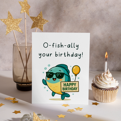 Whimsical birthday greeting card featuring a cool fish character with sunglasses, bubbles, and a birthday sign on a white background. The bright colors and pun-filled message make it perfect for cheerful birthday wishes.