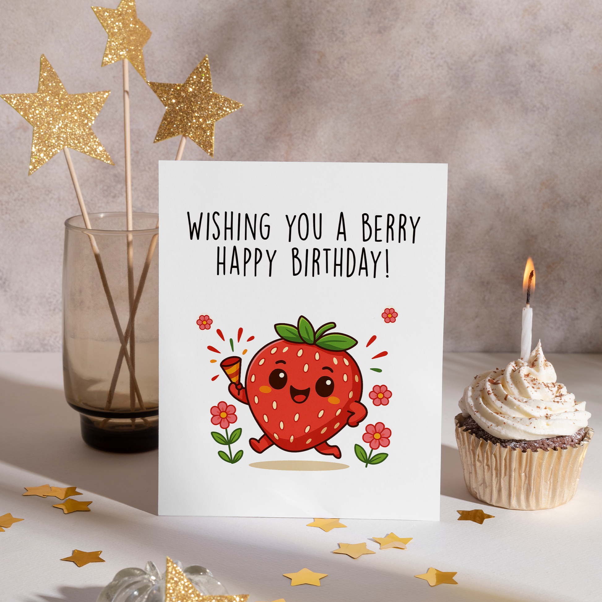Adorable greeting card showing a smiling strawberry with tiny arms and legs celebrating with flowers around. The fun fruit design and cheerful expression make this card perfect for birthdays of all ages.