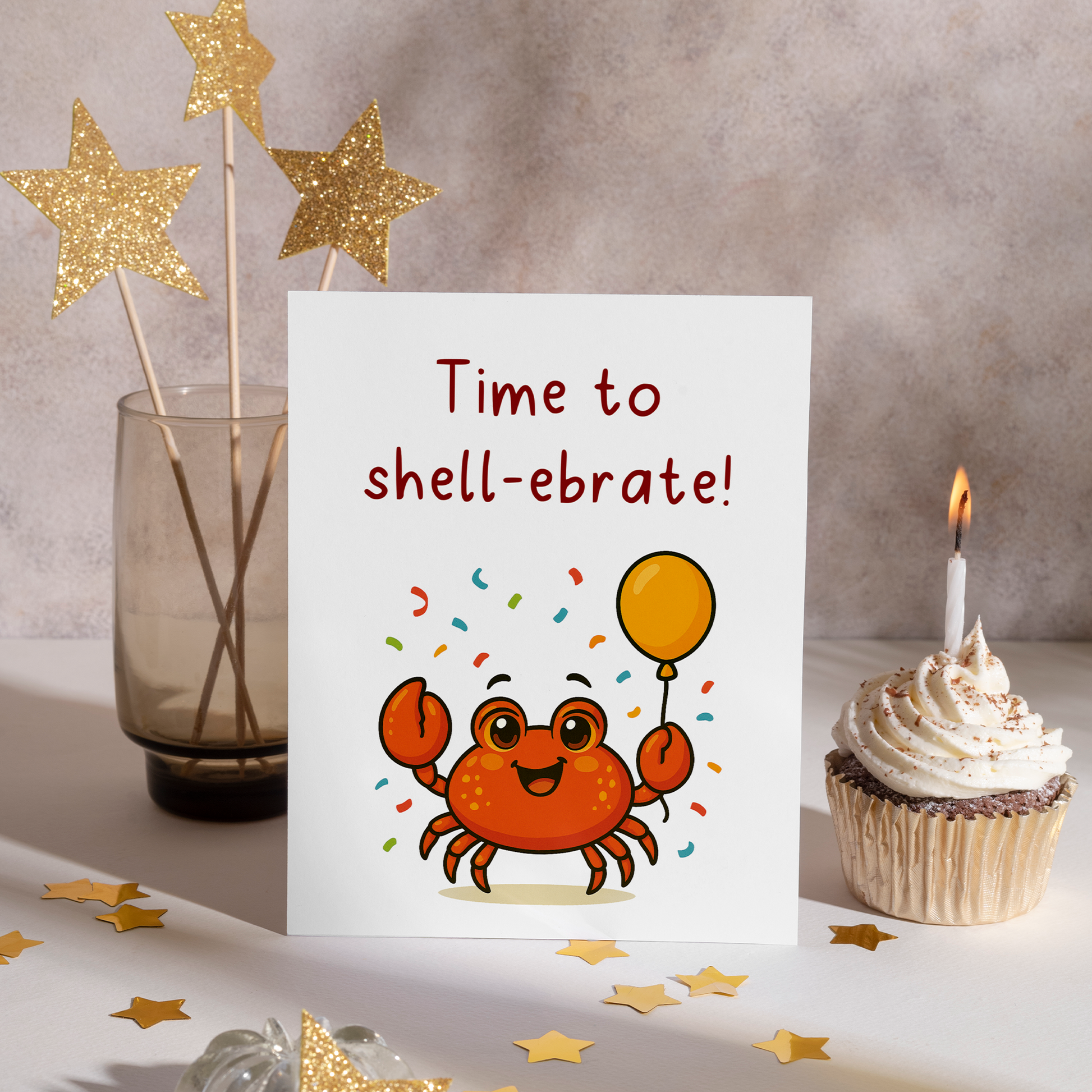 Playful cartoon crab celebrating birthday