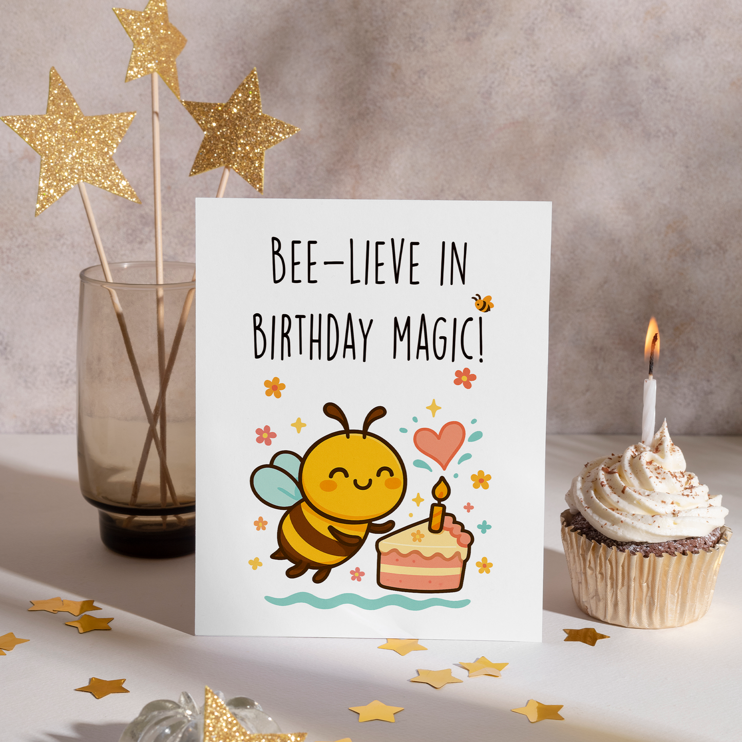 Whimsical birthday greeting card featuring a happy bee celebrating with a candle-topped cake and floating heart on a white background. The cheerful design feels warm, cute, and perfect for joyful birthday wishes.