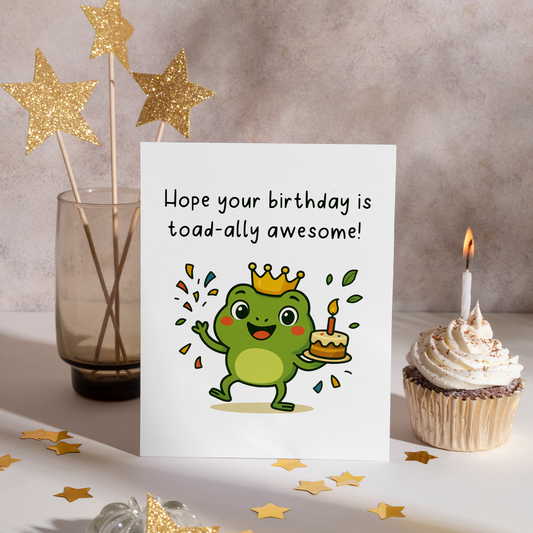 Happy cartoon frog celebrating birthday with confetti