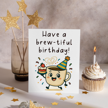 Funny coffee themed birthday greeting card illustration