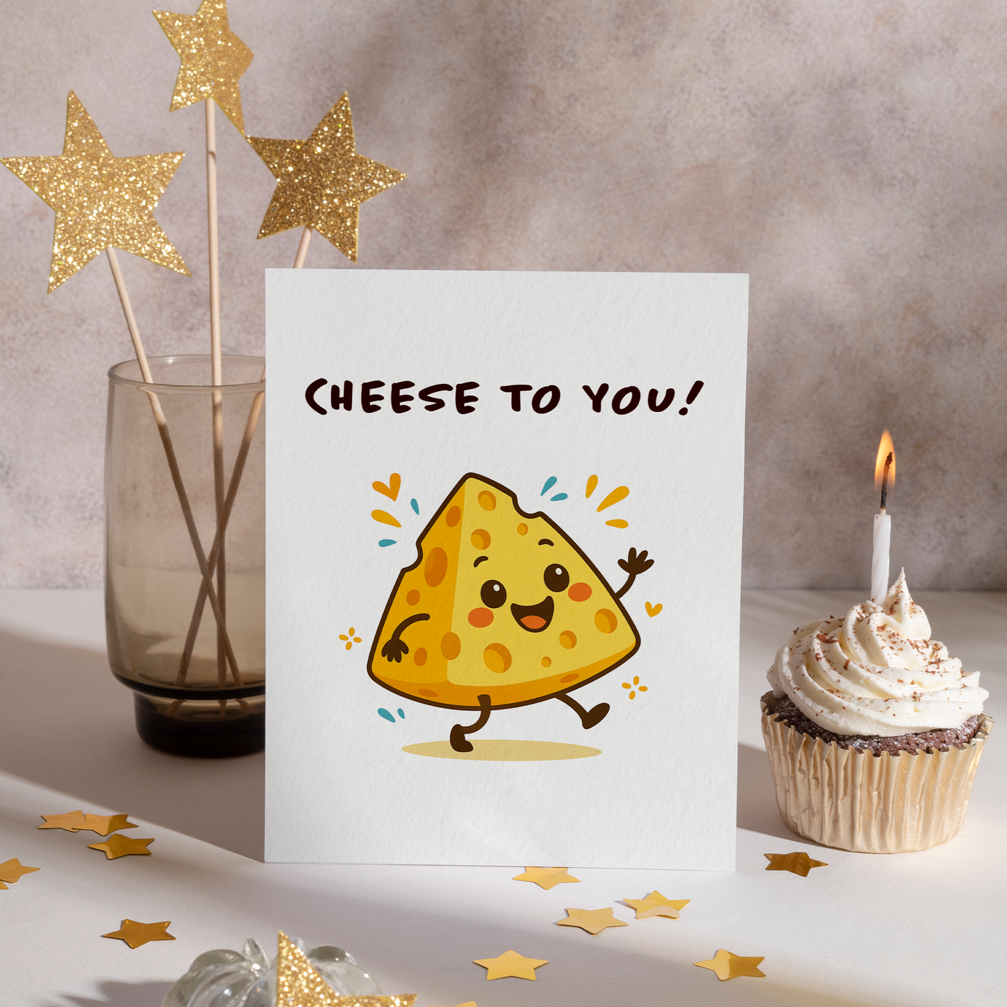 Playful birthday card illustration showing an animated cheese wedge with a joyful expression and celebratory pose. This lighthearted design is ideal for food lovers and anyone who enjoys cute, pun-filled birthday cards.