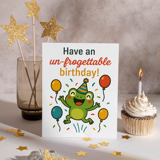 Adorable green frog celebrating with colorful balloons and a joyful expression. This fun animal-themed birthday card uses a frog pun to create a lighthearted and cheerful design.