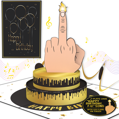 Cake with middle finger candle and 'Happy Birthday' card on a white background