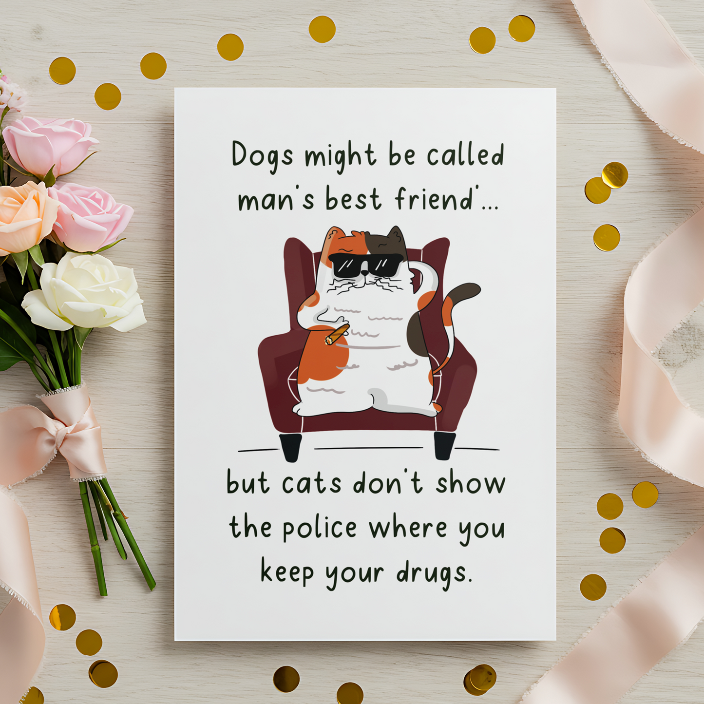 Sarcastic cat themed card with a cartoon-style illustration of a cool cat sitting comfortably in a chair. The text delivers a clever joke about cats versus dogs, appealing to adults who enjoy edgy but lighthearted humor.