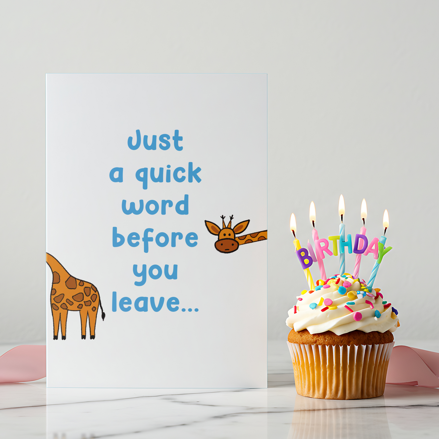 Charming greeting card featuring a cartoon giraffe peeking into the design. Ideal for women shopping for a cute and cheerful card for friends or loved ones.