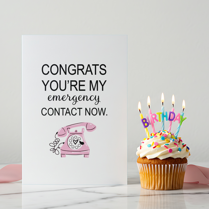 Cheeky love card designed with bold typography and a hand-drawn pink rotary phone, celebrating commitment in a fun and relatable way. This card works well for anniversaries, engagements, or as a casual romantic gesture with humor.