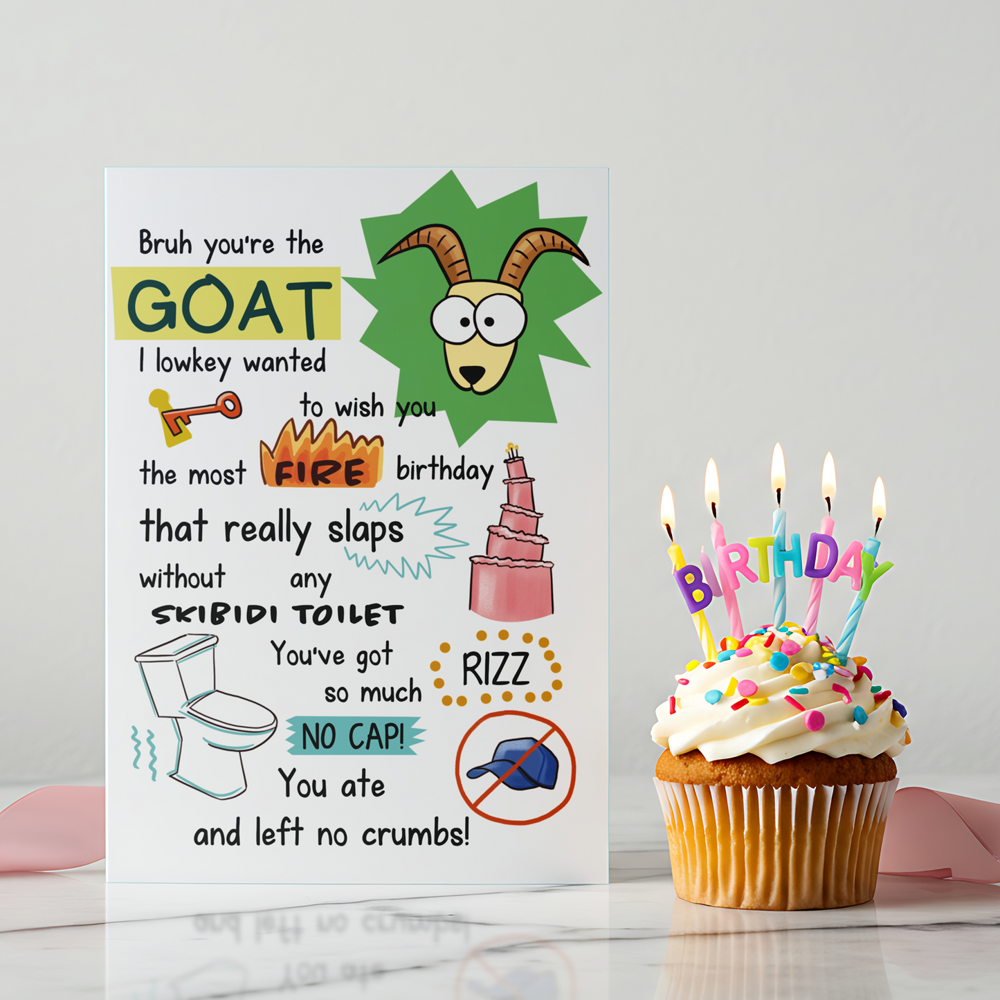 Trendy birthday card using Gen Z language and playful graphics. Ideal for gifting to friends who love jokes, memes, and bold humor.