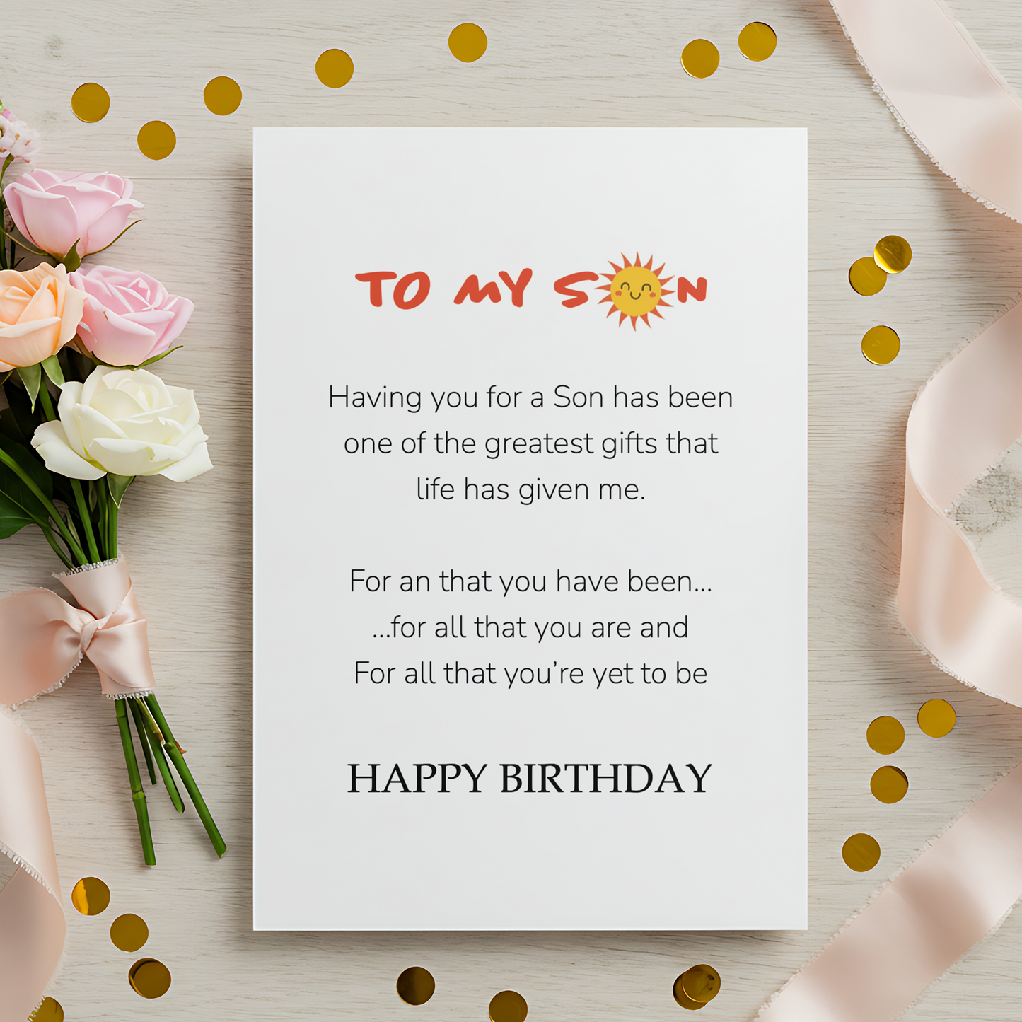 Emotional birthday card for son with a gentle color palette and meaningful message. Perfect for moms looking for a thoughtful and sincere birthday card.