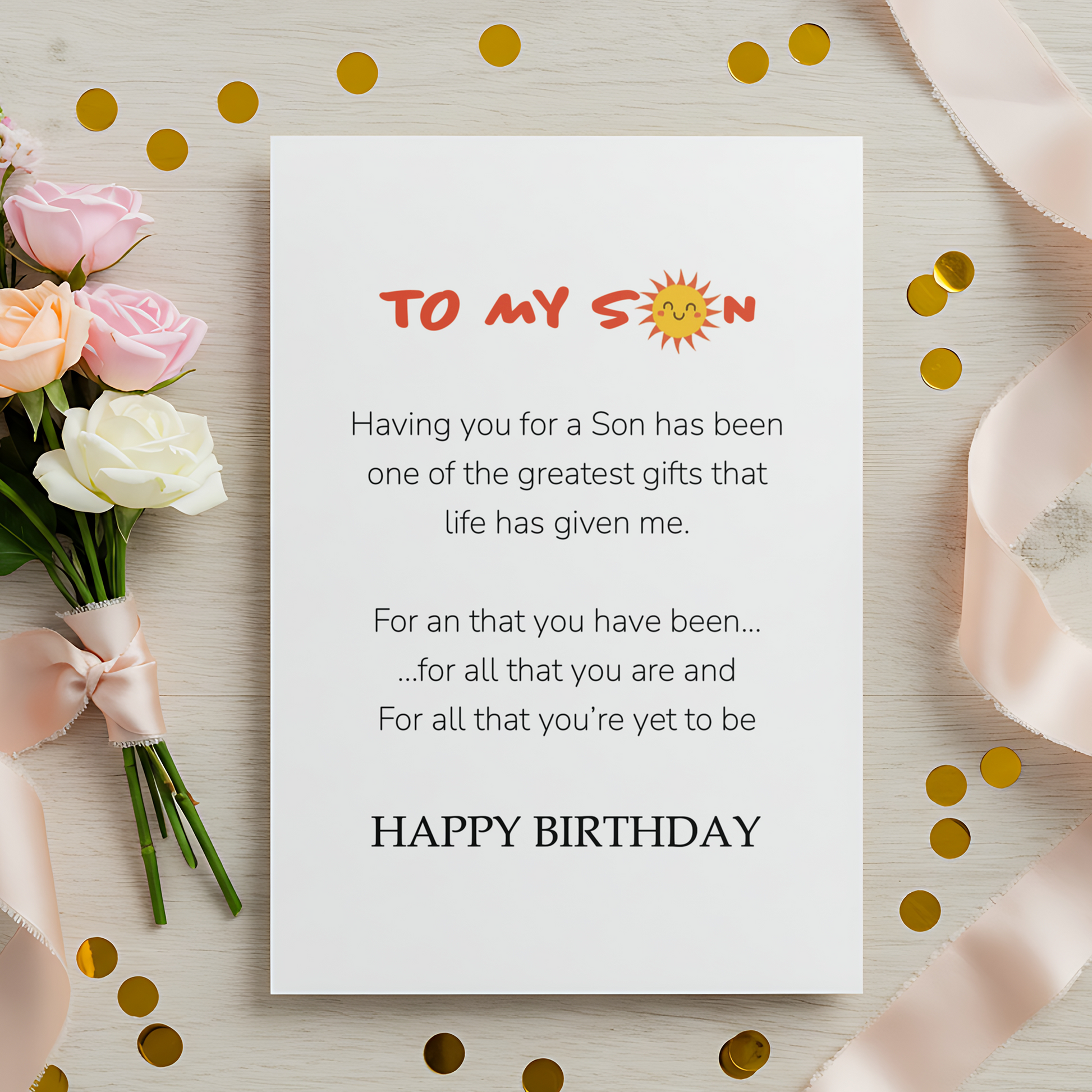 Emotional birthday card for son with a gentle color palette and meaningful message. Perfect for moms looking for a thoughtful and sincere birthday card.