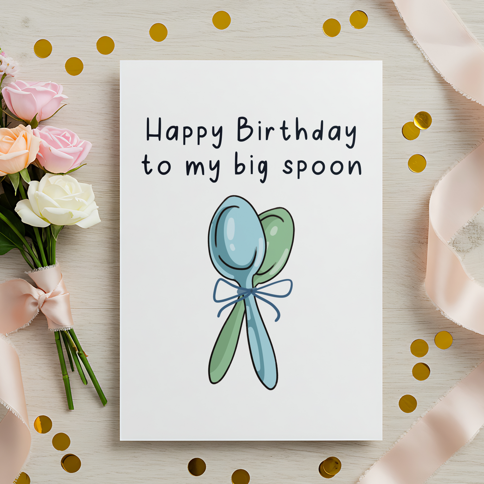Sweet couple birthday card showing two spoons standing together with a bow in the center. The illustration style is soft and playful, ideal for romantic and cozy birthday celebrations.