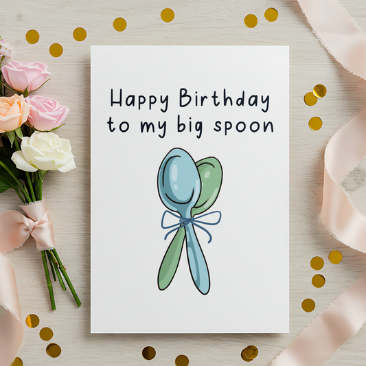 Sweet couple birthday card showing two spoons standing together with a bow in the center. The illustration style is soft and playful, ideal for romantic and cozy birthday celebrations.