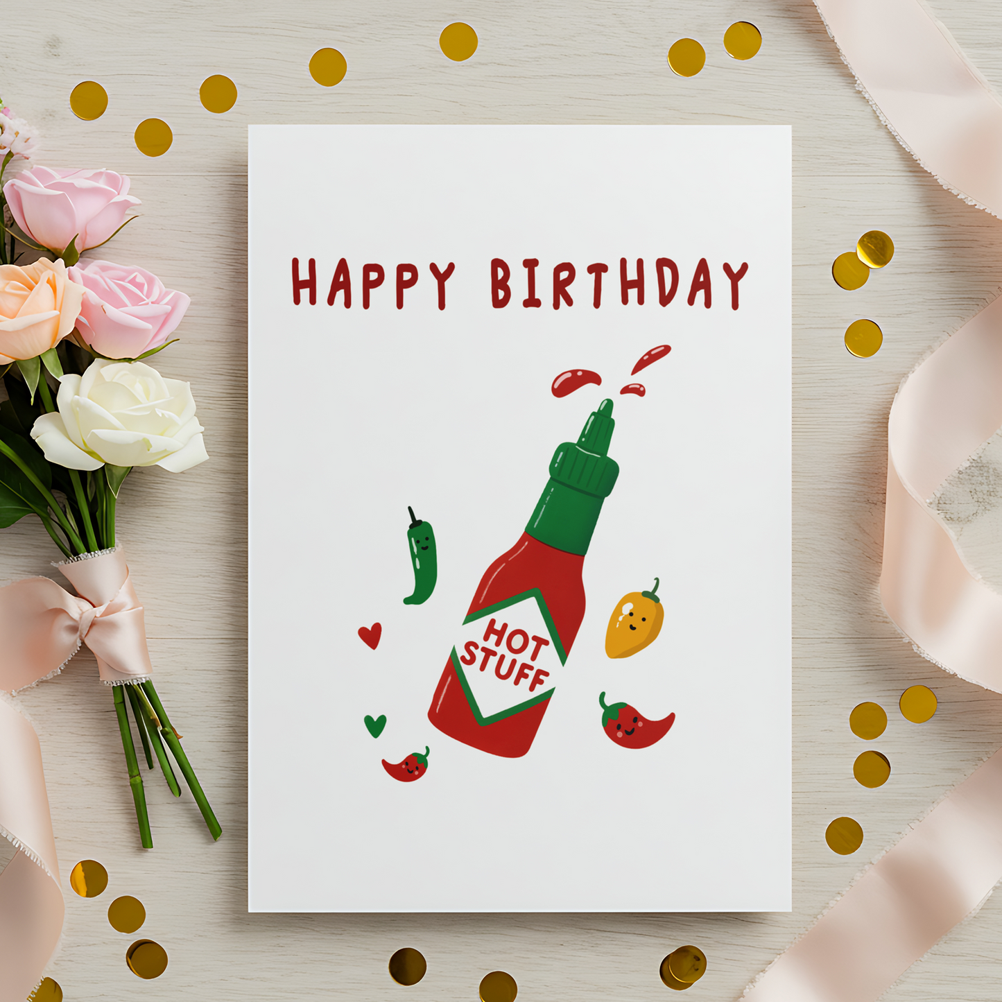 Fun birthday card design featuring a hot sauce bottle spraying sauce with smiling peppers. The playful artwork makes it ideal for a spicy, energetic birthday celebration.