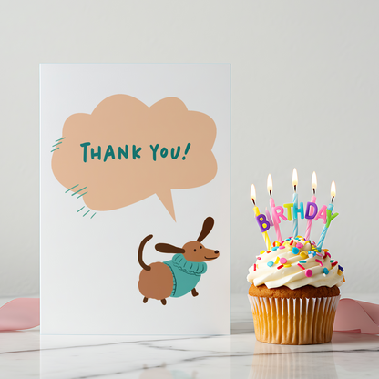 Adorable dog thank you card with a sausage dog illustration on a clean white background. Perfect for casual and heartfelt expressions of gratitude.