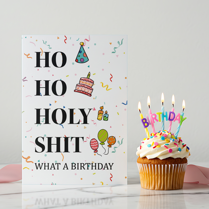 Sassy birthday greeting card featuring party hats, cake, candles, and balloons on a white background. Ideal for friends who enjoy bold reactions and funny birthday messages.