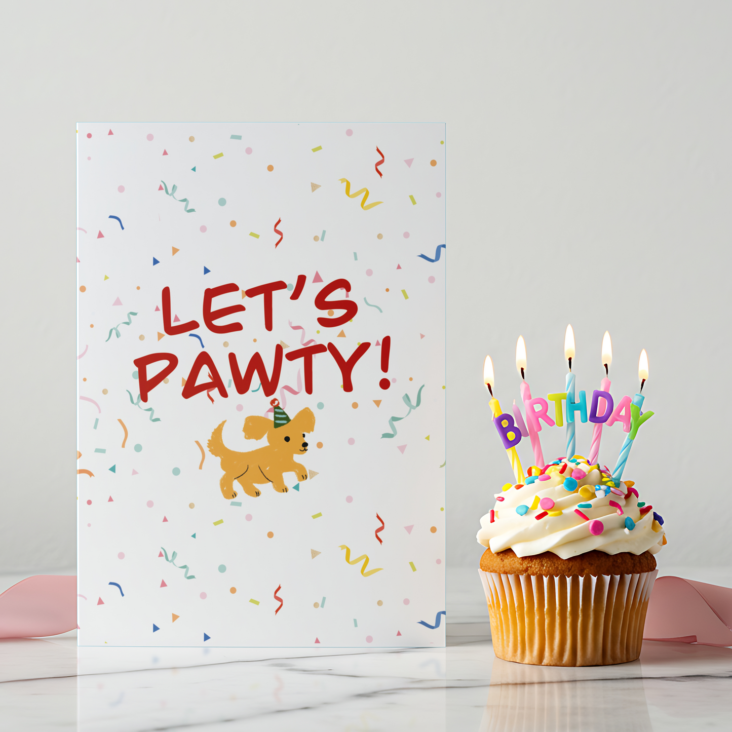 A cute birthday greeting card featuring a playful puppy wearing a party hat with the text “Let’s Pawty!” surrounded by colorful confetti. This fun and cheerful card is perfect for dog lovers and birthday celebrations for all ages.