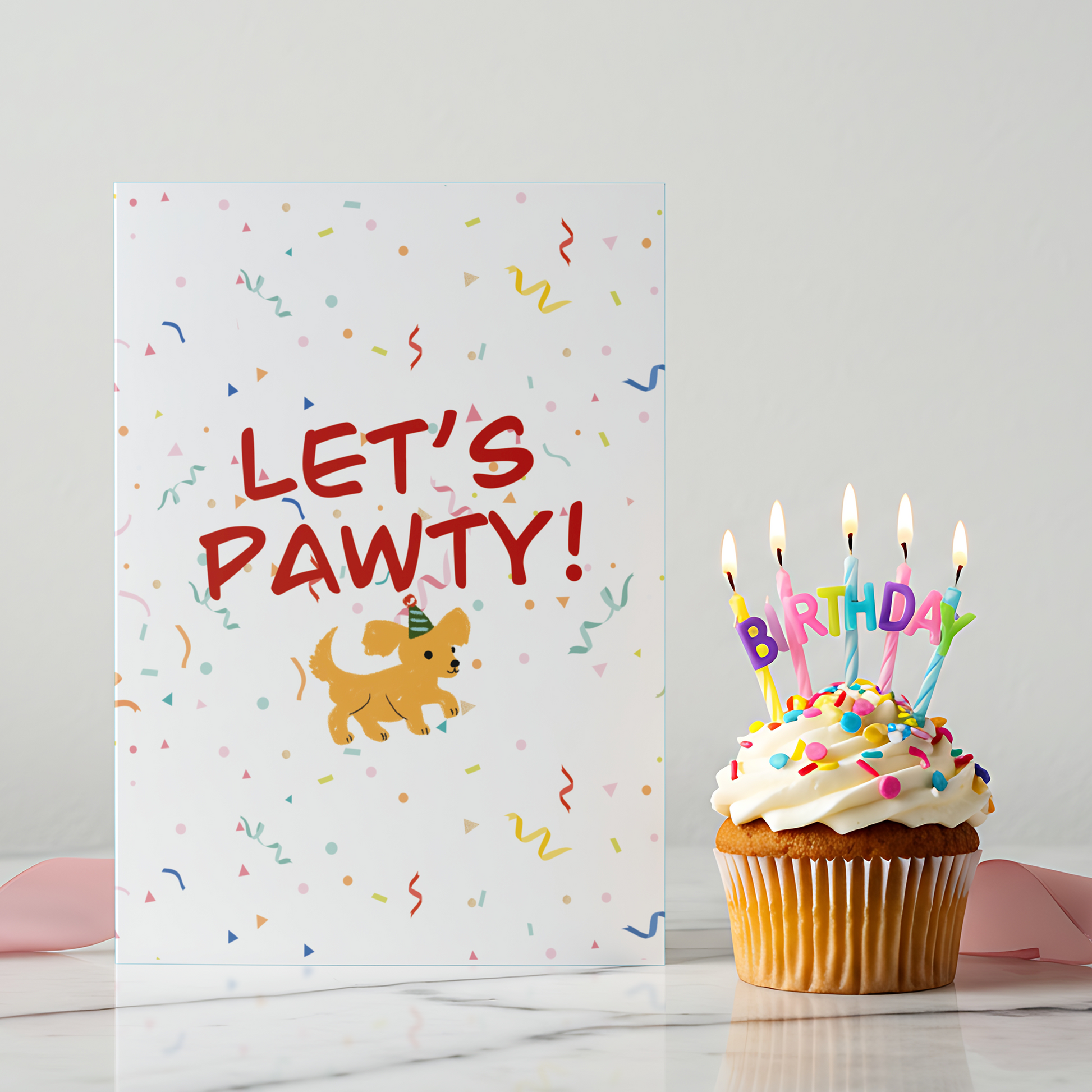 A cute birthday greeting card featuring a playful puppy wearing a party hat with the text “Let’s Pawty!” surrounded by colorful confetti. This fun and cheerful card is perfect for dog lovers and birthday celebrations for all ages.