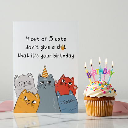 Funny birthday card featuring five illustrated cats with unimpressed expressions on a white background. The design uses sarcastic humor to poke fun at birthdays in a playful way.