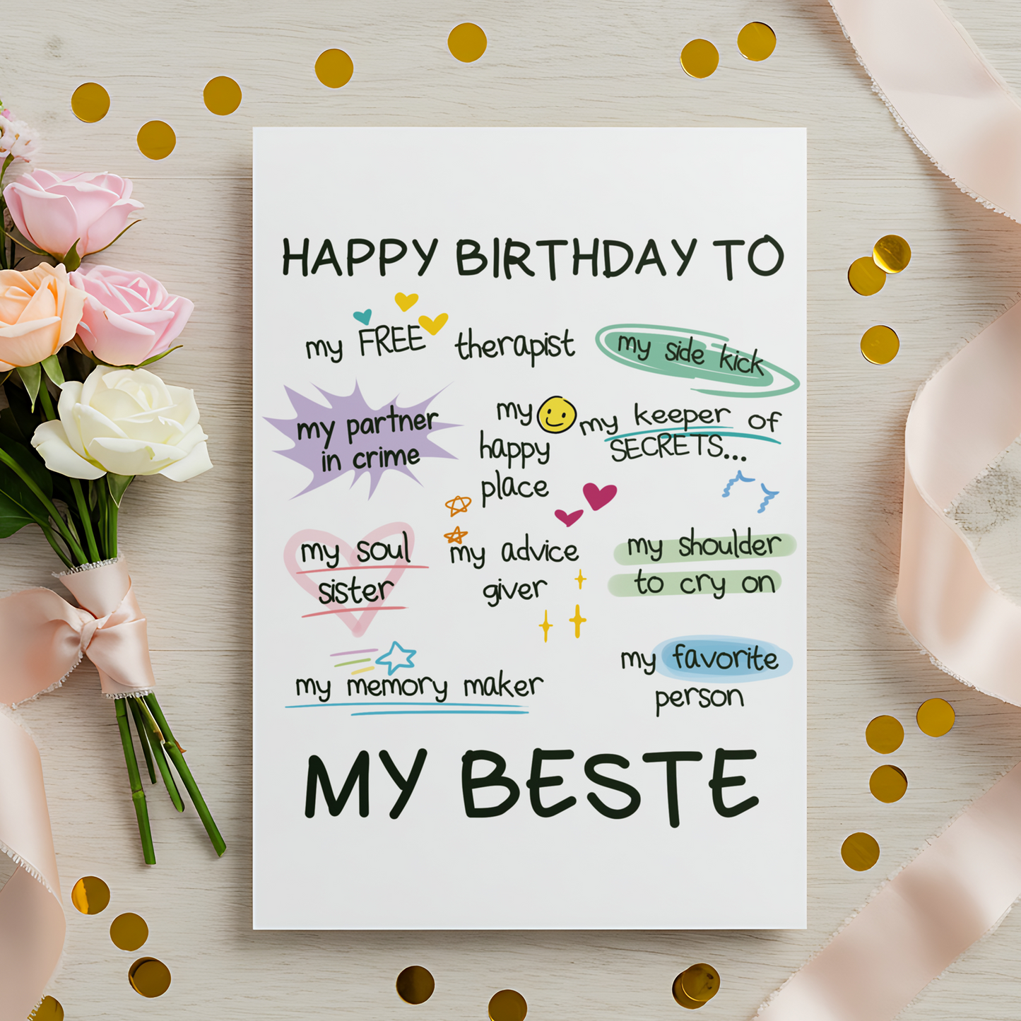 A cheerful bestie birthday card showcasing positive affirmations and friendship quotes. The playful style and heartfelt wording make it ideal for celebrating someone truly special.