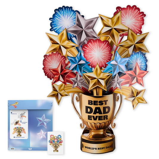 A 3D pop-up greeting card designed as a golden trophy bouquet with the words "BEST DAD EVER" on the front and "WORLD'S BEST DAD" on the base. The trophy is bursting with colorful metallic stars in gold, red, blue, and silver, along with illustrated fireworks in red, white, and blue. Displayed alongside the card are its matching white notecard featuring the same trophy design and a blue envelope with simple setup instructions. The image is set against a white background.