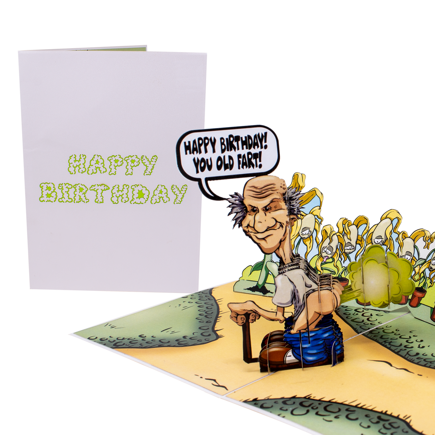 A humorous pop-up birthday card featuring a cartoon elderly man with a speech bubble saying HAPPY BIRTHDAY! YOU OLD FART! next to a white cover card with HAPPY BIRTHDAY in green bubble letters. The background has cartoon plants.