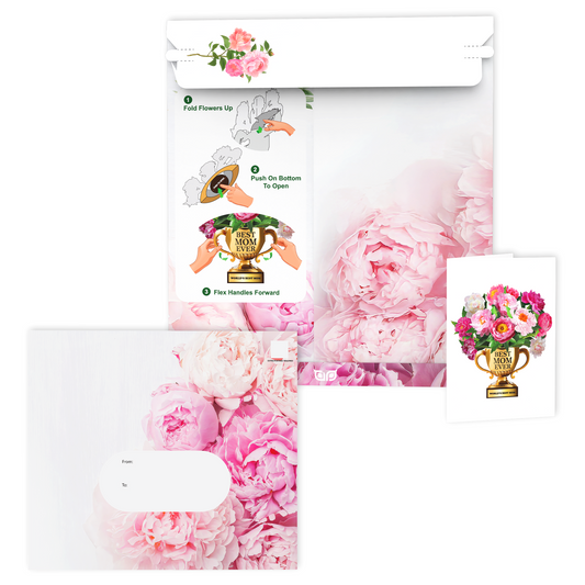 A greeting card set featuring a golden trophy with the text "BEST MOM EVER" and blooming pink and white peonies. The set includes a foldable card, a decorative floral envelope with instructions for assembly, and a gift label area for the sender's and recipient's names. The packaging and card showcase vibrant peonies, emphasizing a loving and celebratory theme for Mother's Day or special occasions honoring moms.