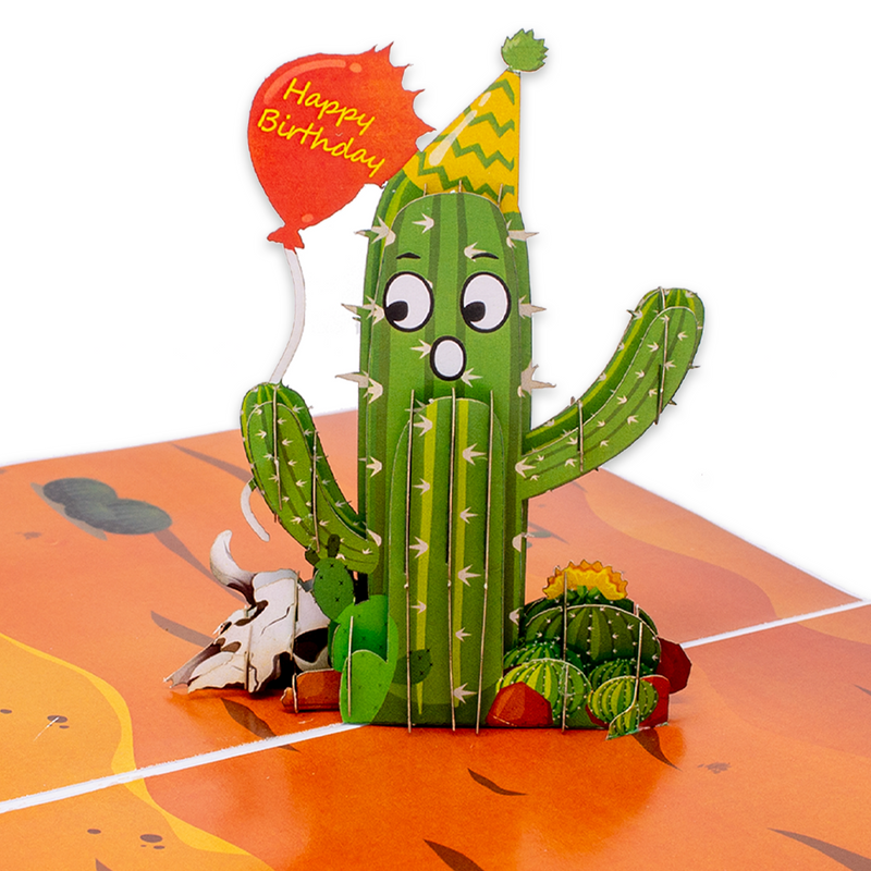 An amusing pop-up birthday card showcasing a cactus and a deflated birthday balloon. Full of laughter!