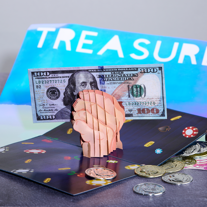 A 3D pop-up card with a clenched fist holding a $100 bill, surrounded by poker chips and coins on a casino-themed background. The word TREASURE is partially visible in the background.