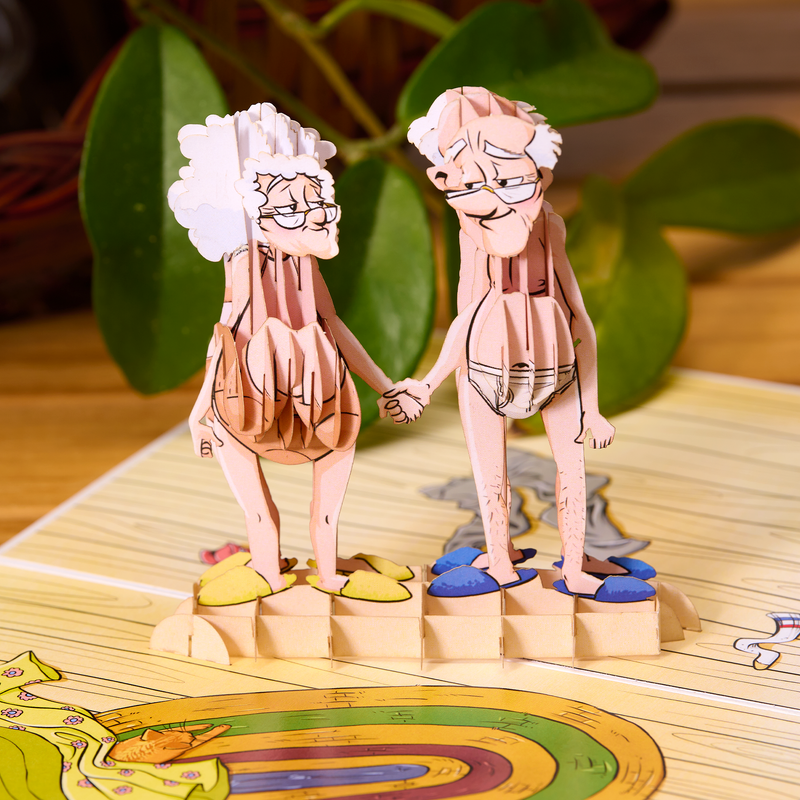A heartwarming anniversary card with a funny twist - two elderly lovebirds holding hands and gazing lovingly into each other's eyes. Adorable!
