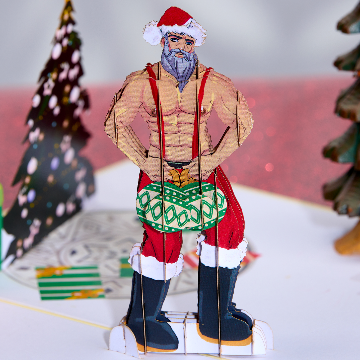 Look! A cheerful Santa stands with a beautiful Christmas tree, carrying two big ornaments. This funny holiday card is a hit!