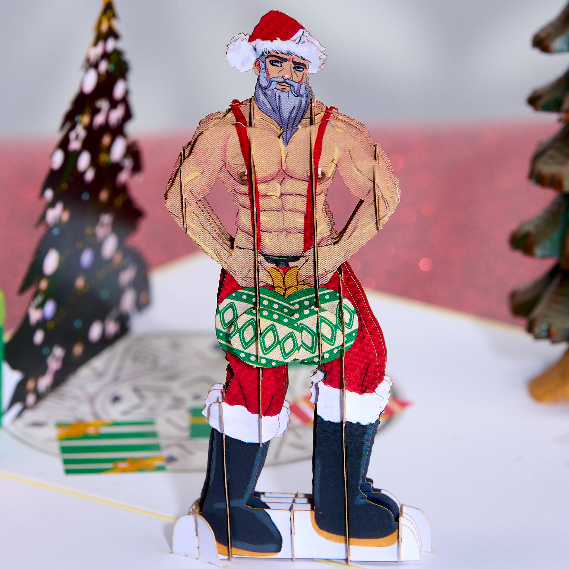Look! A cheerful Santa stands with a beautiful Christmas tree, carrying two big ornaments. This funny holiday card is a hit!