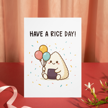Fun food-themed card featuring a kawaii rice character with balloons and confetti. The illustration gives off a friendly, feel-good vibe perfect for everyday celebrations.