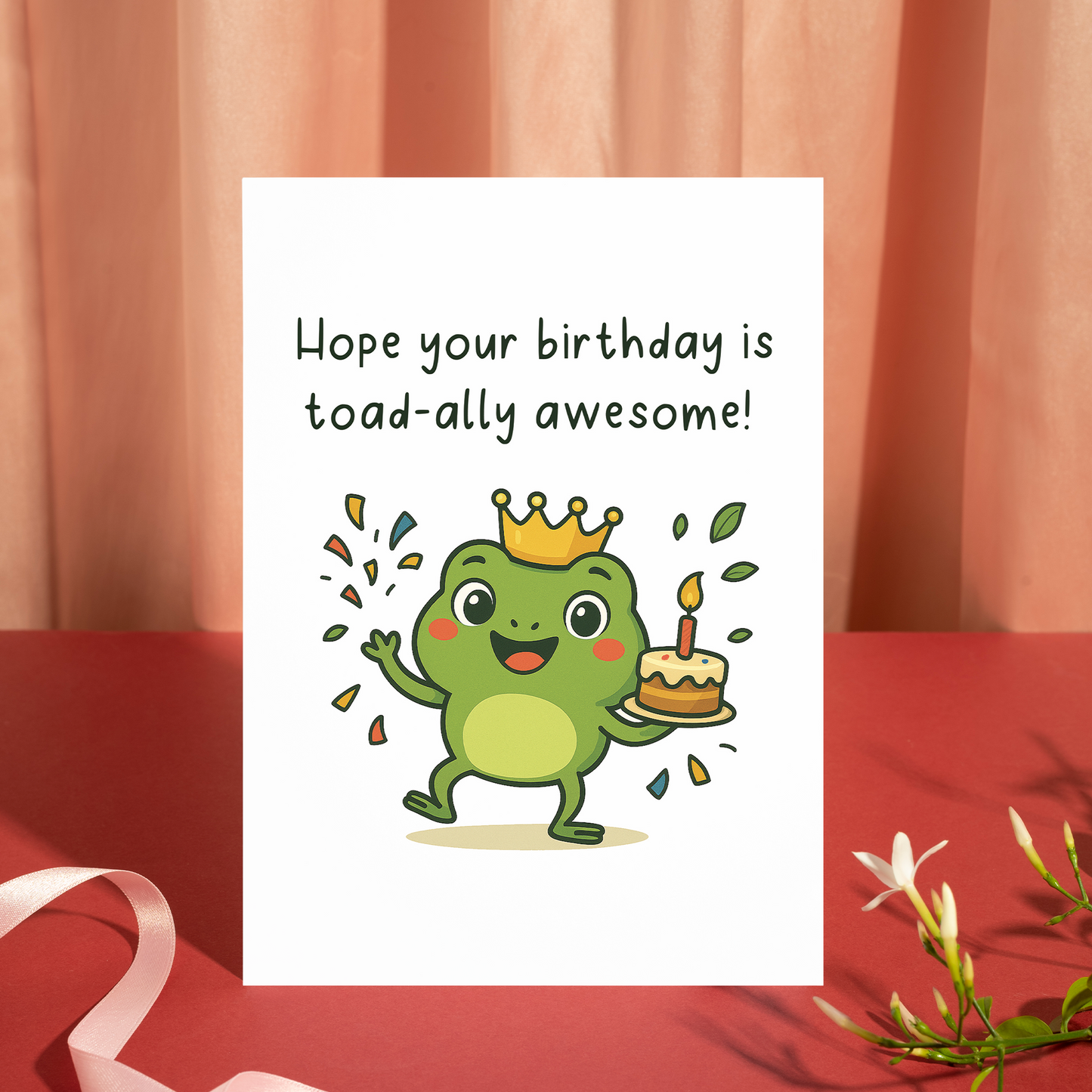 Playful frog illustration holding birthday cake