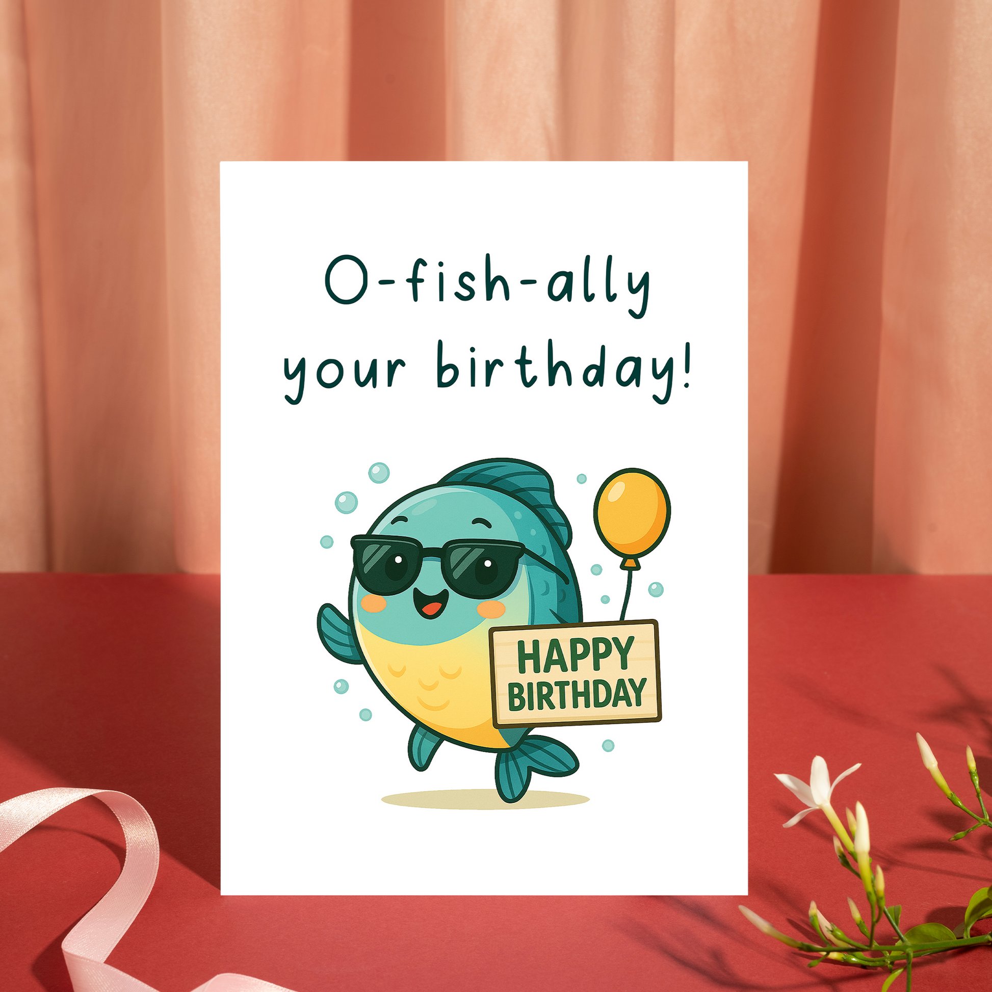 Adorable birthday card artwork showing a happy fish celebrating with a balloon and a sign that says Happy Birthday. The friendly illustration and ocean-inspired palette feel joyful and modern.