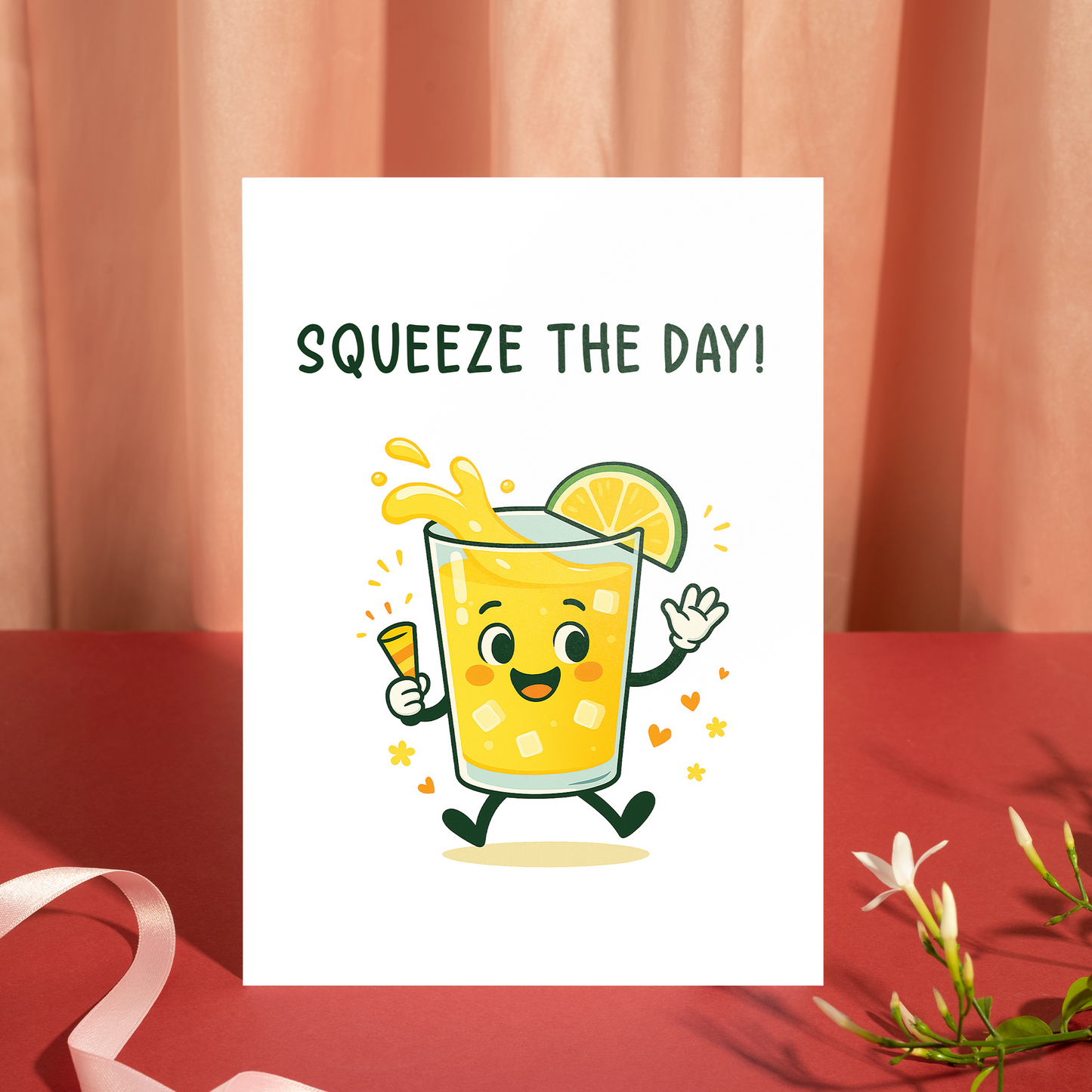 An adorable cartoon lemonade cup with expressive eyes, splashing lemon juice, and a fresh lemon garnish, set against a clean white background with “Squeeze the Day” text. The illustration delivers a sunny, optimistic mood that works well for birthday cards or cheerful notes.
