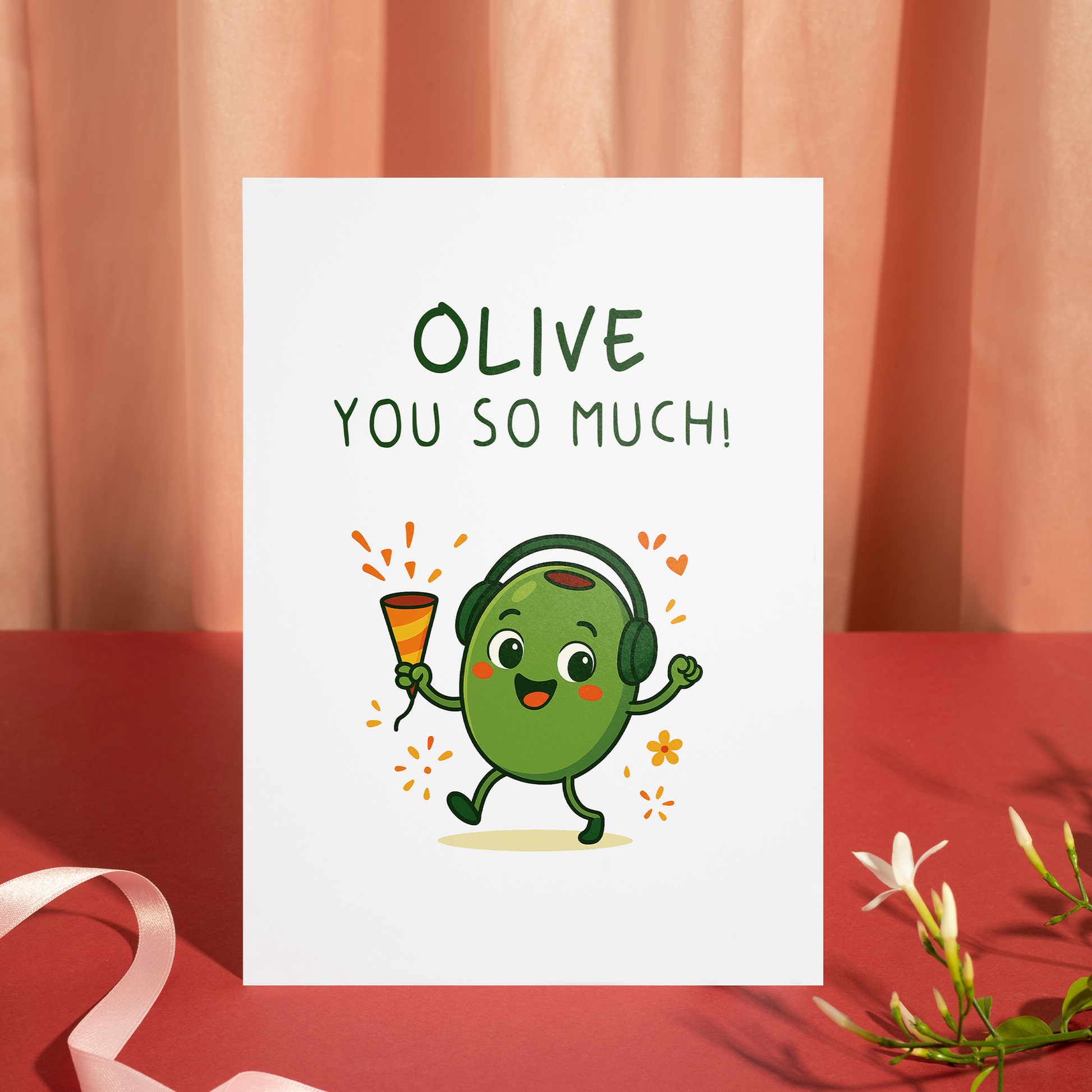 Whimsical olive character celebrating with music and confetti details. The illustration feels lively, cute, and perfect for expressing love with humor.