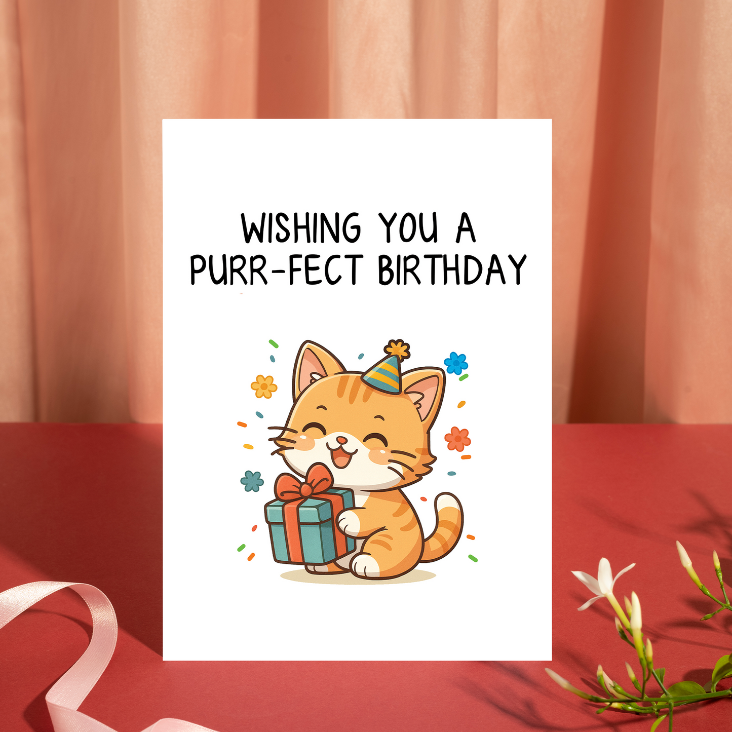 Whimsical birthday card featuring a cute cartoon cat in a party hat holding a wrapped gift. The playful “purr-fect birthday” wording creates a joyful and lighthearted birthday greeting.