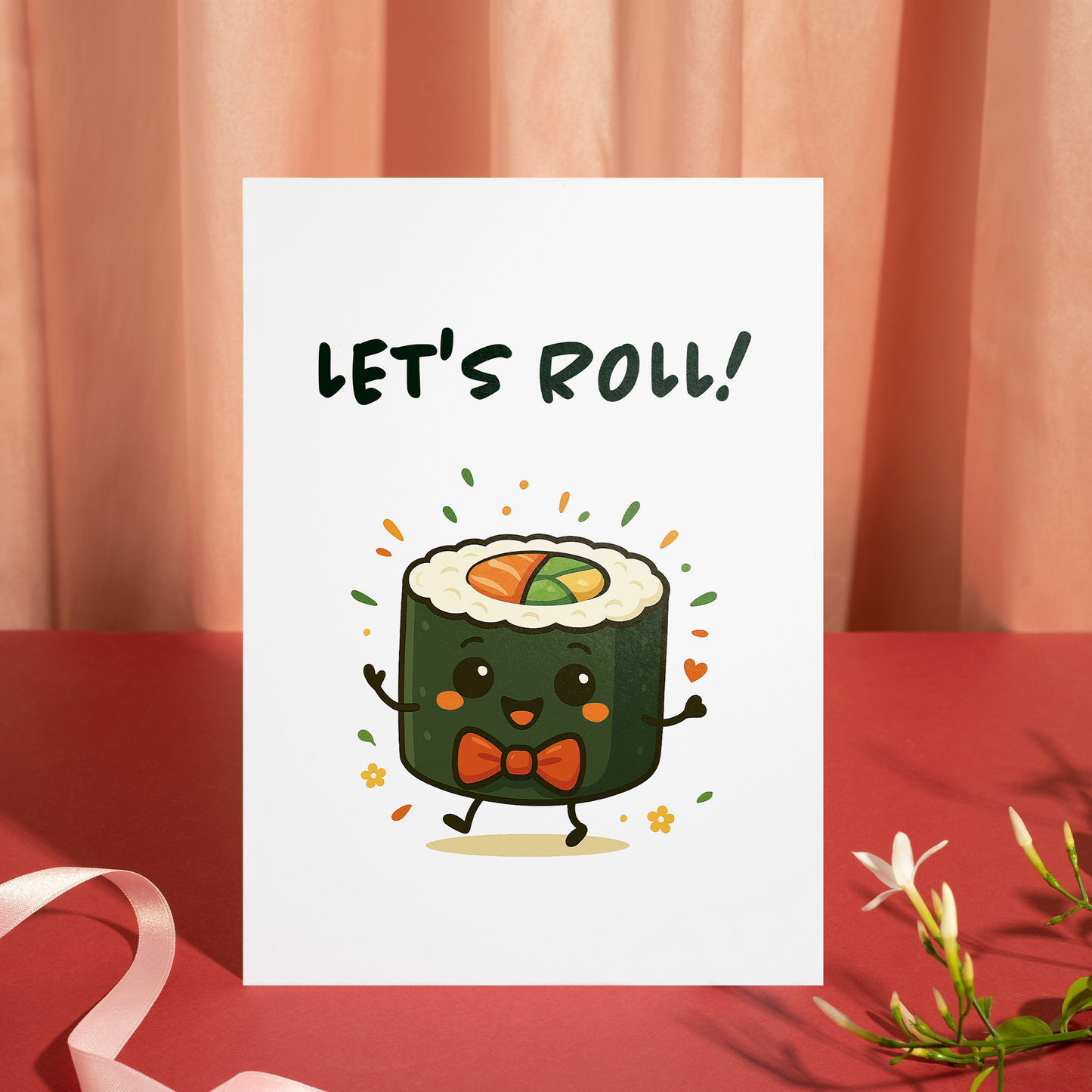 Funny food pun birthday card featuring a cute sushi roll character with arms raised in celebration. The clean white background and colorful details create a modern, friendly look suitable for gifting