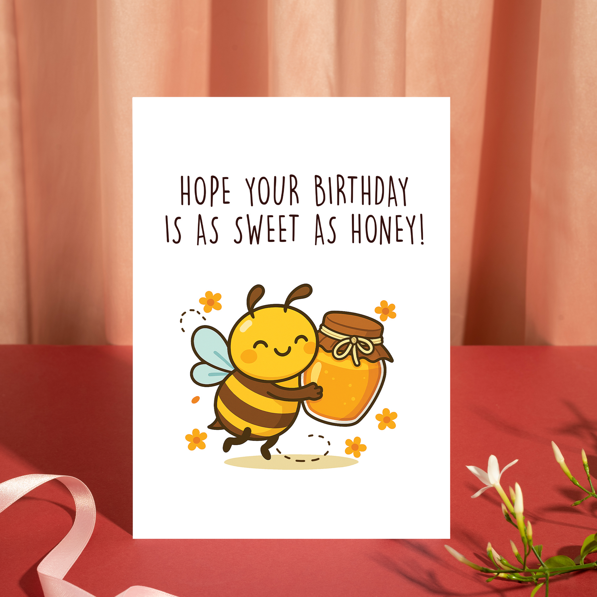 Whimsical birthday card with a cheerful bee character holding a honey jar and flying happily. The playful illustration and honey-inspired message deliver a heartfelt and sweet birthday wish