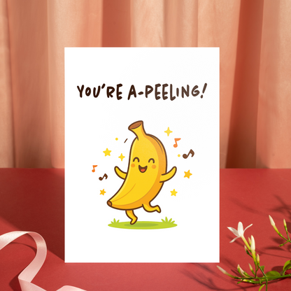 Whimsical banana birthday card with a charming cartoon illustration and fun wordplay text. This playful design adds warmth and positivity to any celebration or everyday greeting.