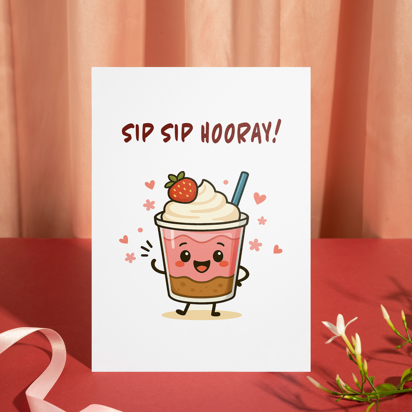 Fun drink-themed card showing a cheerful strawberry dessert cup waving hello. The illustration feels lighthearted, cozy, and perfect for celebrating special moments.