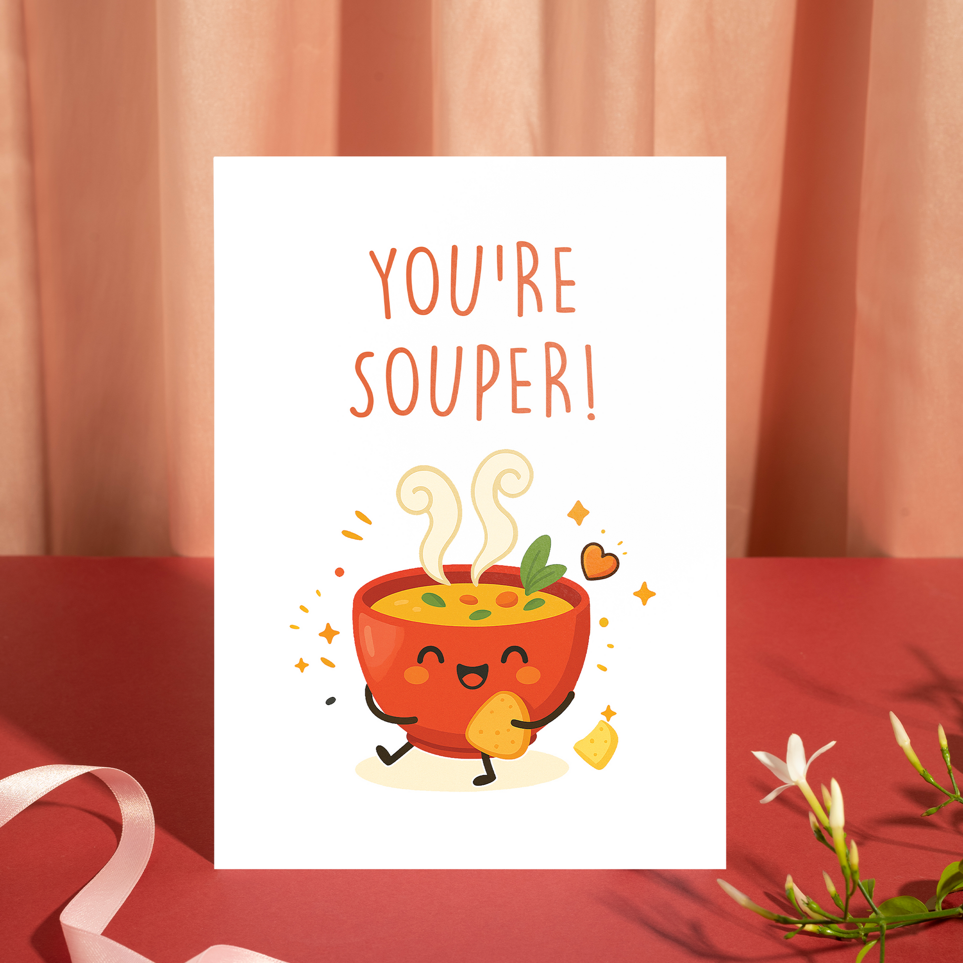 Cartoon soup bowl character with steam curls and cheerful expression, designed in soft, friendly colors. This lighthearted greeting card creates a warm, positive vibe ideal for everyday encouragement.