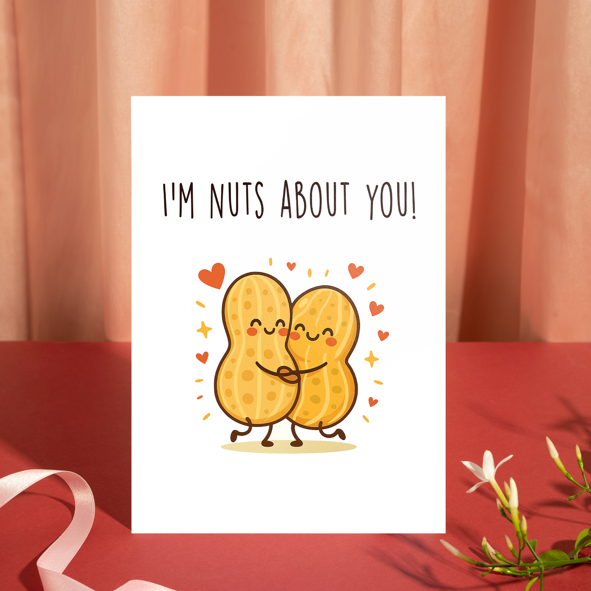 Whimsical greeting card artwork of two happy peanuts embracing, surrounded by hearts and sparkles. A charming and lighthearted love card designed for romantic occasions and thoughtful gifting.
