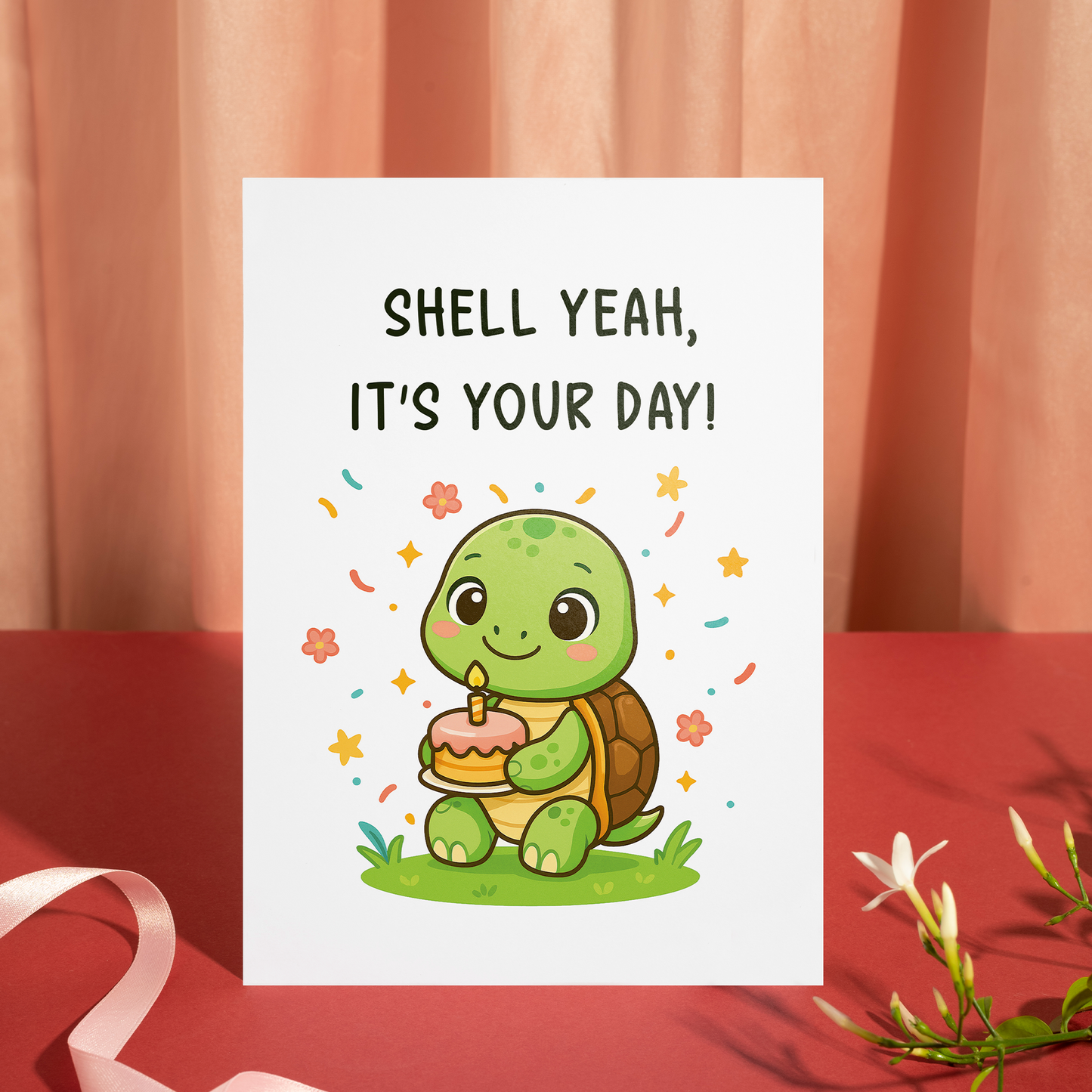 Whimsical birthday card showing a happy turtle character holding a candle cake. The clean white background and cheerful decorations give the card a bright and comforting feel.
