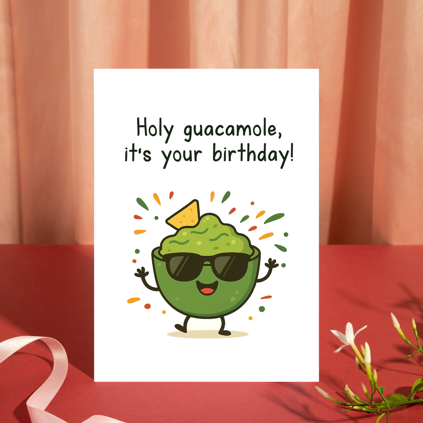 Whimsical birthday card featuring a cartoon guacamole bowl celebrating with confetti and a chip garnish. The friendly expression and bold birthday message make it perfect for avocado lovers.