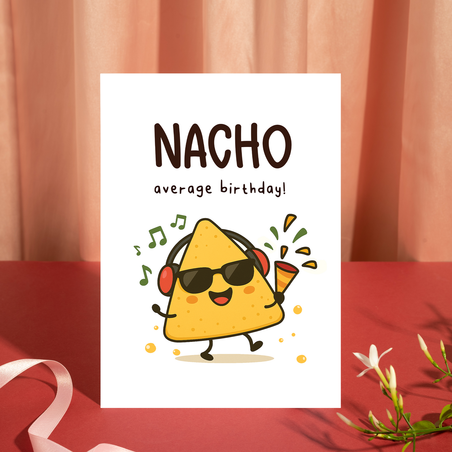 Whimsical birthday card design showing a happy nacho chip dancing with headphones, sunglasses, and a party horn. The playful character and pun-filled message feel energetic and modern.